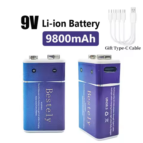 9V PP3 6F22 6LR61 006P Rechargeable Li-ion Battery 9800mAh High Capacity with USB Charger for Smoke