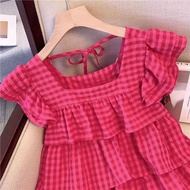 Casual Blouse Tiered Layer Tie Back Spring/summer Rose Red Blouse for Women L137ED818  Blus Kasual B
