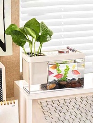 1個透明塑料多功能魚缸＆花盆，帶蓋小型水族箱，適用於桌面客廳裝飾，家居魚缸