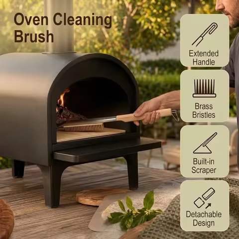 2-in-1 Brass Wire Pizza Oven Cleaner Brush Detachable Wooden Handle Scraper for Outdoor Wood Fired P