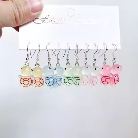 5 Pair Set Small Fresh Colored Resin Pendant Earrings Luminous Turtles Lollipop Ducks Rainbow Cat's 