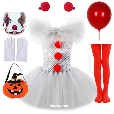 Creepy Clown Gray Joker Tutu Dress Outfit Girls Fancy Carnival Party Tulle Dresses Clothes Halloween
