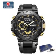 FOXBOX 計時儀中性數字/模擬石英手錶，銀色/藍色FOXBOX 5ATM Waterproof LCD Dual Display Quartz Wristwatch Multifunctional