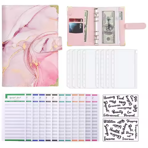 A6 Marble PU Leather Binder Budget Planner Organizer with 8 Zipper Cash Envelopes 12 Expense Budget