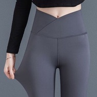交叉腰鯊魚褲修身顯瘦彈力提臀打底褲【灰色】【S-XL碼】(下單後請聯絡客服確認發貨尺碼)