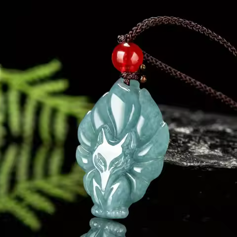 Blue Water Fox Pendant Necklace - Natural Stone, Nine-tailed Fox Design, Rope Chain