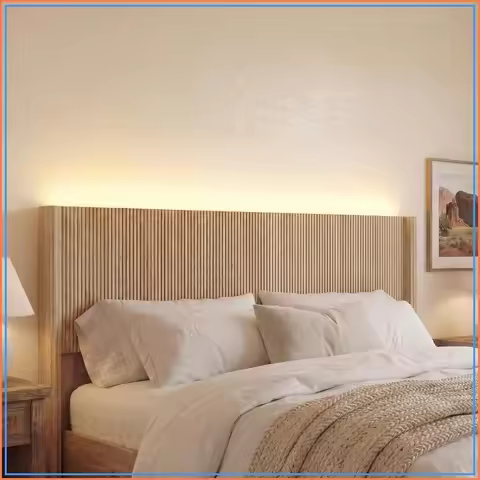 Queen Headboard Only, Fluted Wall-Mounted with LED Light, Boho Wood Style Bed Decor, Natural