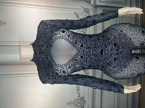 Black Rhinestone Transparent Jumpsuit Crystals Stones Bodysuit Costume Birthday Wear Stretch Pole Da