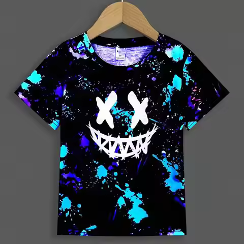 SHEIN Young Boys' Casual Comfortable Night Glow Inkjet Color Pattern Short Sleeve T-Shirt – Features
