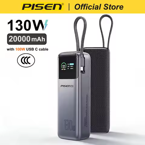 PISEN 130W Tablets Super Fast Charging Power Bank 20000mAh With Type C Cable External Battery for La