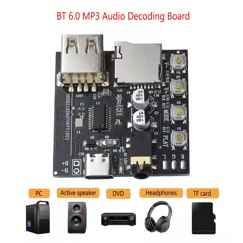 DC 5V Bluetooth 6.0 Audio Receiver Module Type-C USB-A TF Card Playback Power-off Memory Earphone Ex