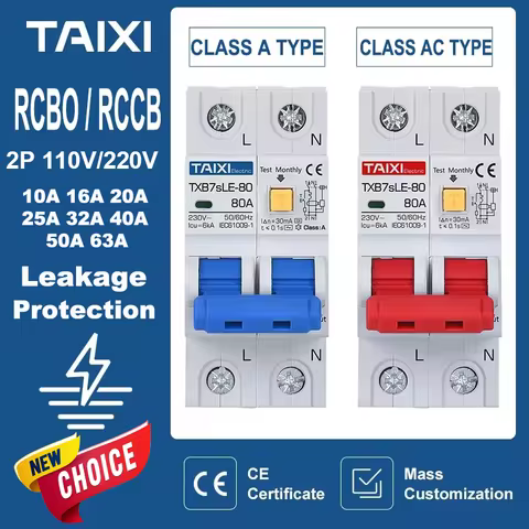 TAIXI RCBO RCCB Type A / AC Residual Current Circuit Breaker MCB 220V 110V 10A 16A 20A 32A 40A 63A 3