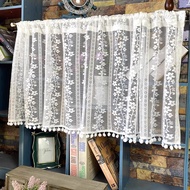 White Floral Knitted Lace Sheer Short Curtain Valances Vintage Lace with Pom Pom Balls Semi Sheer Rod Pocket Curtain Valance for Kitchen Cafe Dinning Bath Room