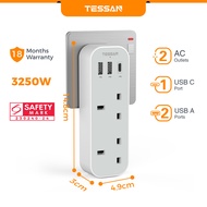 TESSAN Extension Plug Socket with USB+Type C,Mini Dual Plug Adapter,Wall Charger Power Extension