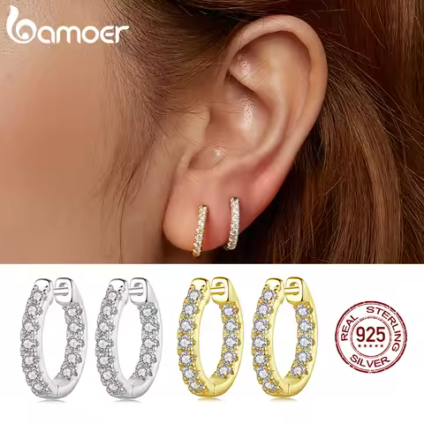 BAMOER Moissanite 925 Sterling Silver Hoop Earrings D Color Round Cut Lab Diamond Earrings with Cert