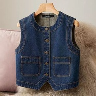 denim jacket woman denim vest woman Denim Vest for Women - Round Neck Casual Denim Jacket