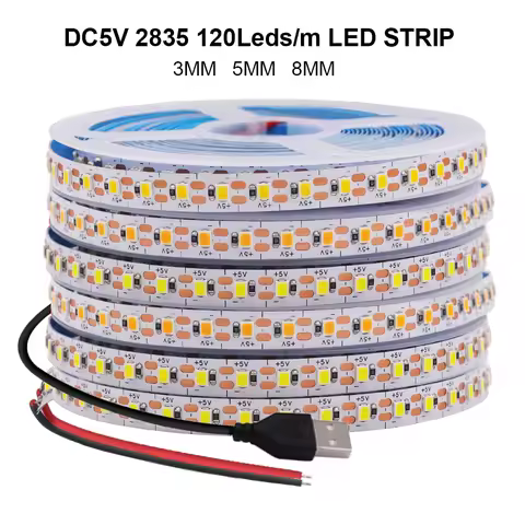 5V 2835 LED Strip Light 3mm 5mm 8mm PCB Width 120Leds/m Flexible LED Tape Ribbon Diode USB/2PIN Wire