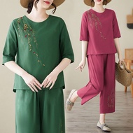 Cotton and linen retro embroidery set for women's summer pullover fashion shirt 9 cents pants for mo