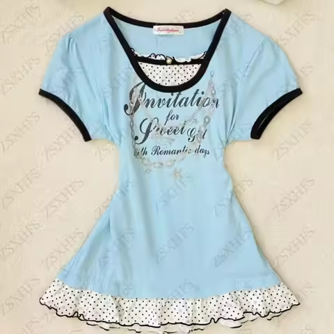 Aesthetic T Shirts Women Clothes Polka Dot Lace Tees Harajuku Short sleeve Casual 2000s Graphic Top