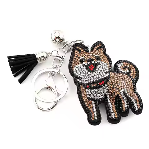 Lovely Brown Akita Dog Keyring For Women Men Full Rhinestone Crystal Black Taseel Shiba Inu Puppy An