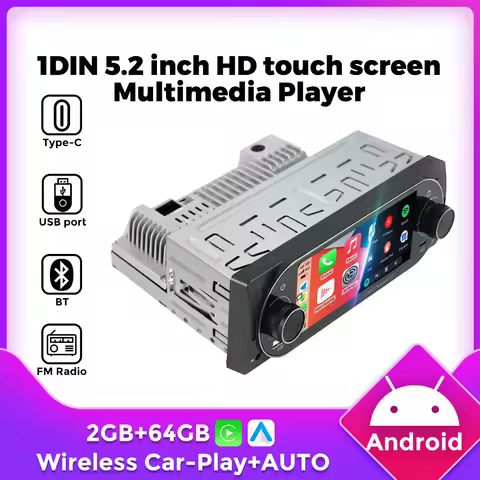 1DIN MP5 5.2-Inch Android Car Radio 2G+64G Universal Touch Screen Support Wireless Carplay AUTO Mult