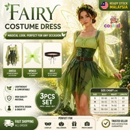 【Ready Stock】Adult Women Fairy Elf Costume Green Dress with Wings & Floral Crown Enchanted Woodland 