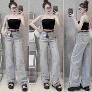 ELWYN women's straight-leg jeans, light blue cute embroidered jeans, size S M L 62281