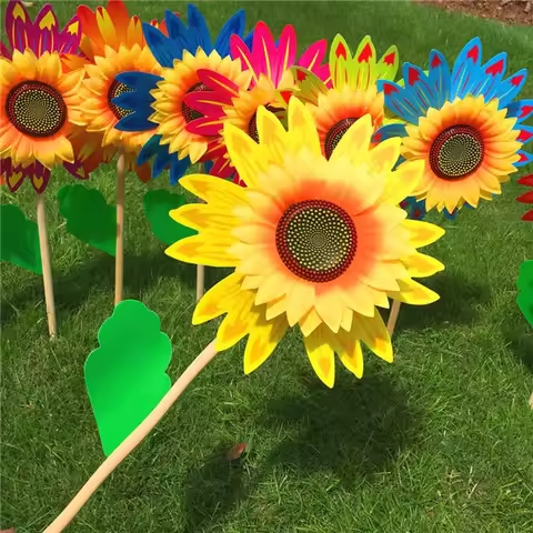 1PCS Sunflower Windmill Colorful Pinwheel 25cm Wooden Pole Stake Yard Ornament Flower Spinner Outdoo