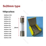 100pcs/box GLASS Quick Blow FUSE Fast Blow insurance tube 5X20MM 250V 0.5A/1A/2A/3A/4A/5A/7A/10A/15A