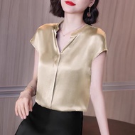 Summer Korean Fashion Womens Tops and Blouses Satin Women Blouses Short Sleeve White Office Lady Shi