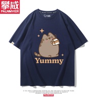 เสื้อยืดคอกลมแขนสั้นผ้าฝ้ายแท้สำหรับเด็กชาย ฤดูร้อน 2024 ทรงหลวม ลายแมว Pusheen น่ารัก แฟชั่นลำลอง ส