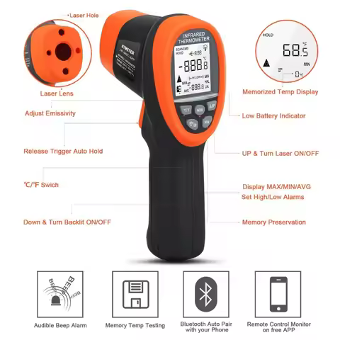 BTMETER BT-985C-APP Digital Non-Contact IR Thermometer -58 to1472℉(-50 to 800℃) Laser IR Temperature