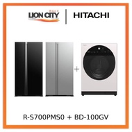 Hitachi R-S700PMS0-GBK/GS 595l Side-by-side Fridge (2 Ticks) + Hitachi BD-100GV Front Loading - Washer AI Wash, Inverter