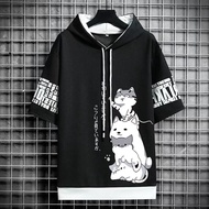 ผู้ชายแฟชั่นญี่ปุ่นมีฮู้ดเสื้อผ้าผู้ชายเสื้อลำลองชายเสื้อแขนสั้นลายการ์ตูนฮาราจูกุสตรีทแวร์พิมพ์ลายเ