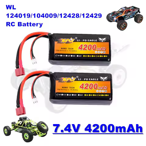 7.4V 4200mAh 45C Lipo Battery with T Plug for WL 124019/104009/12428/12429 Remote Control Car Spare 