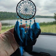 Handmade Lake Blue with Black Small Dream Catcher | Car Rearview Mirror Hanger