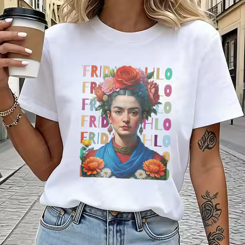 Frida Kahlo Portrait with Flowers and Colorful Text Print Cotton T-Shirt for Women Fashion Casual Su