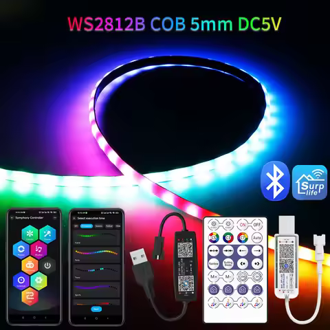 DC5V WS2812B 5mm Individually Addressable COB LED Strip 60/100/160/200Led/M High Density Flexible WS