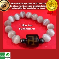 Premium men's white cat eye stone bracelet and dzi tibet sostika symbol stone size 10 mm