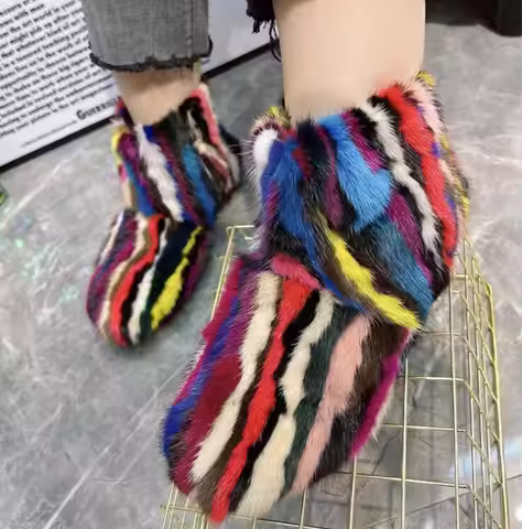 Eskimo Style Colorful Striped Mink Fur Snow Boots Round Toe Thick Platform Sole Zipper Woman Full Mu