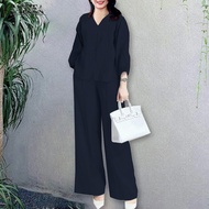 Esolo ZANZEA Women Elastic Waist Long Pants Sets Two-piece Outfits V-Neck Lantern Sleeve Shirt #0310