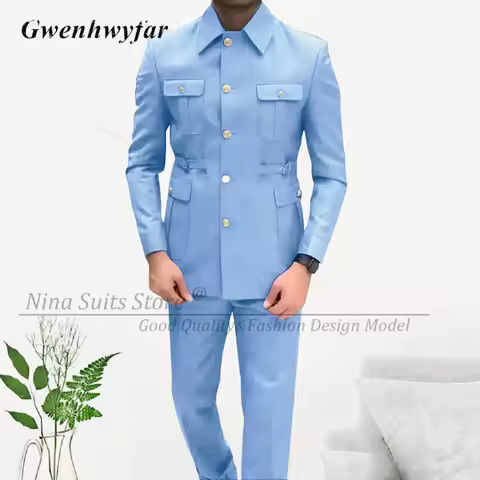 G&N Square Collar Africa Style Men Suits Gold Button Blazer Pants 2023 Elegant Sky Blue Business Men