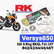 RK Sprocket Set Kawasaki Versys650 RK 520 KRX X-Ring Black / Gold Chain RK520 Xring Rantai Hitam Emas Versys 650 Motor