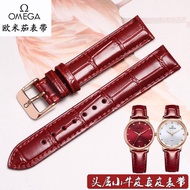 2024☇✤ CAI-时尚27 Original for-/Omega Watch Strap Genuine Leather Seamaster Butterfly Elegant Strap Bracelet Accessories Pin Buckle Red/Brown 16