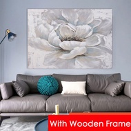 （With Frame）Grey and white flower oil painting with petals, large-sized art poster with frame, canva