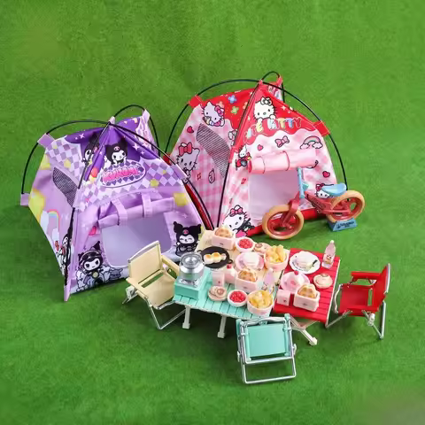 Miniature Camping Tent Set Glamping Dollhouse Furniture with Picnic Table Bicycle & Pretend Food 1:1