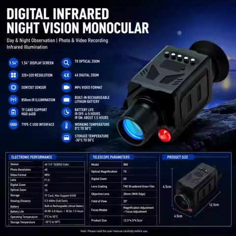 NV880 Digital Infrared Night Vision Monocular 7X Optical Zoom 4X Digital Zoom 850nm IR Illumination 