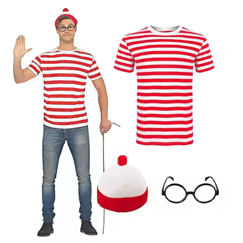 Wheres Waldo Youth Family Wally Costume Short Sleeves Glasses and Hat Socks Unisex Kids Adults Hallo