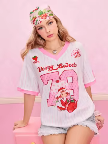 Strawberry Shortcake X SHEIN Women's Y2K Cute Pink Strawberry Cartoon Pattern Striped V-Neck Short S