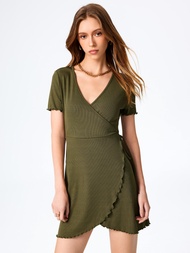 Cider V Neck Wrap Solid Mini Dress